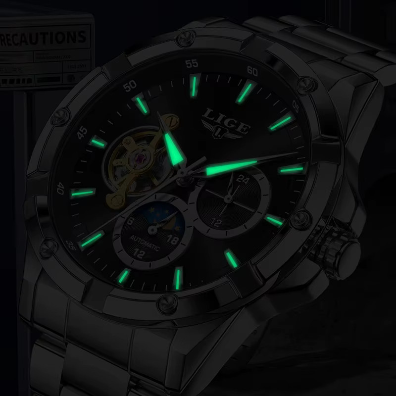 LIGE Armbanduhr Automatik, Edelstahl, Schwarz, Herren - Bild 4