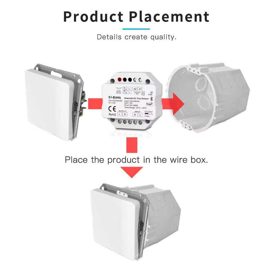 CENFAYA Triac AC Dimmer Lichtschalter mit Push Control, Smart LED Dimmer in Weiß, Steuerung via Tuya App, Bluetooth, Sprache und 2,4G RF Fernbedienung - Bild 5