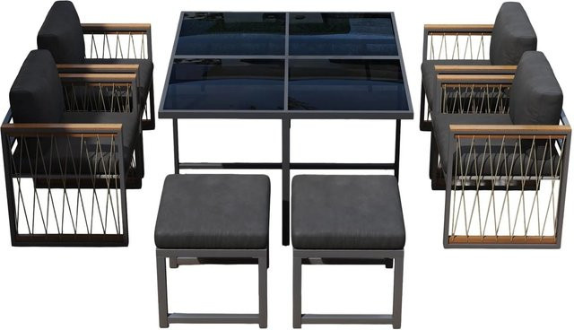 okwish Gartenmöbel Lounge Set mit Tisch aus gehärtetem Glas und Akazie in Schwarz und Grau - Bild 1
