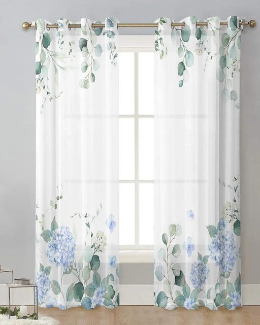 Yiran Furniture Transparente Voile Chiffon Vorhänge mit Eukalyptus-Blatt-Design, 2er-Set, Farbe: Transparent/Weiß, Breite: 65 cm, Höhe: 60 cm - Bild 1