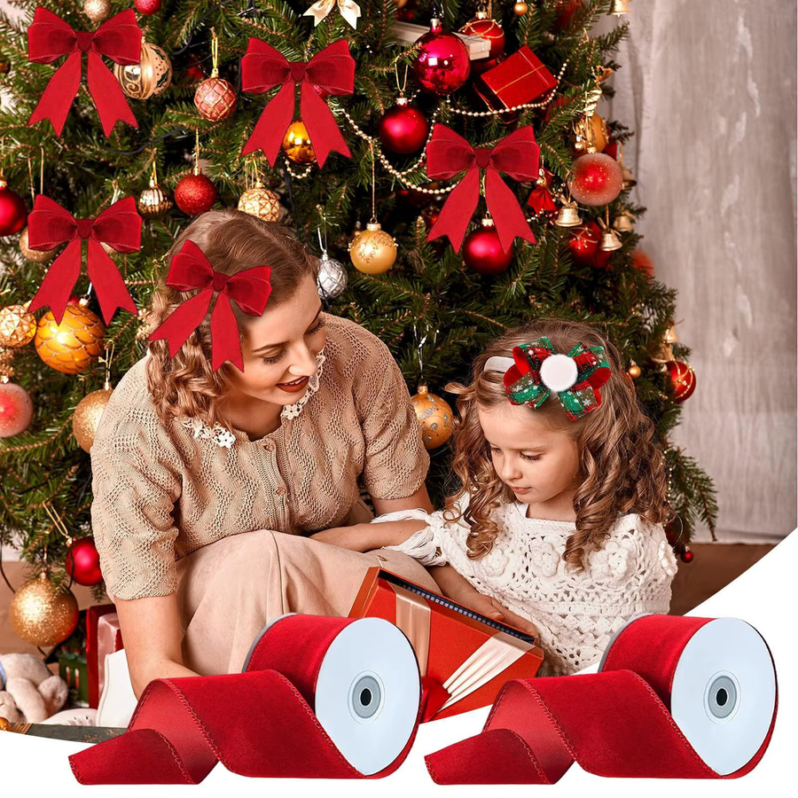 Weihnachtsband Set in Rot mit Sternen-Motiv, 2 Rollen à 10 Yards zur Dekoration von Kränzen und Geschenken - Bild 4