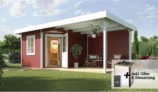 Weka Saunahaus Salo Sparset mit 7,5 kW Ofen in Schwedenrot, B/H/T: 646 x 237 x 338 cm - Bild 1