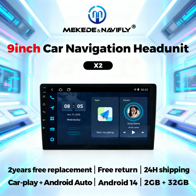 NaviFly 9 Zoll 2Din Autoradio mit Android 14, Wireless CarPlay, Bluetooth und GPS Navigation, Schwarz - Bild 1