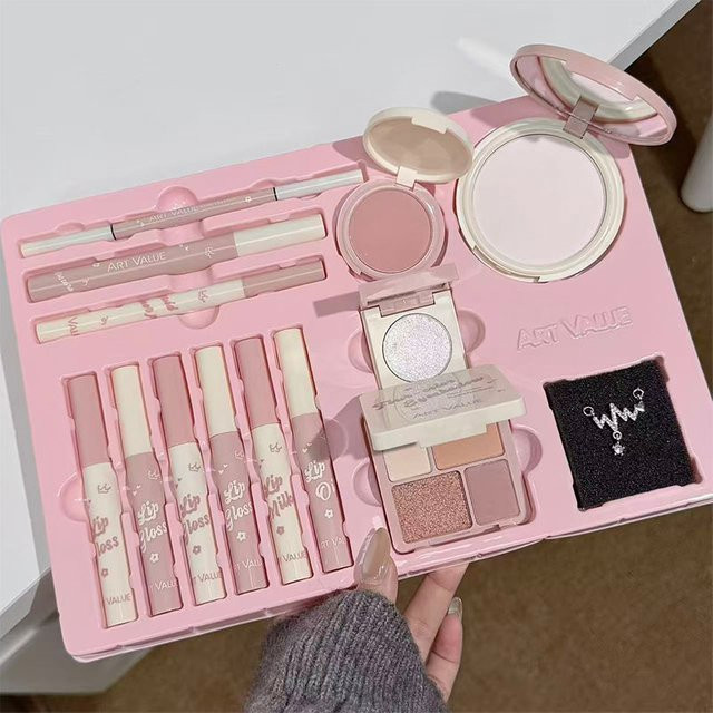 Make-up-Set mit Lipgloss, Lippenöl, Lippencreme, Eyeliner, Mascara, Augenbrauenstift, Rouge, Highlighter, Lidschatten, Puder, Unisex - Bild 1