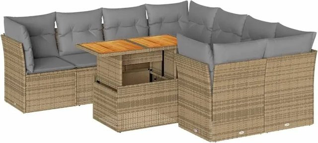 vidaXL 9-teilige Garten-Sofagarnitur aus Poly-Rattan und Akazienholz mit Kissen in Beige und Grau - Bild 1