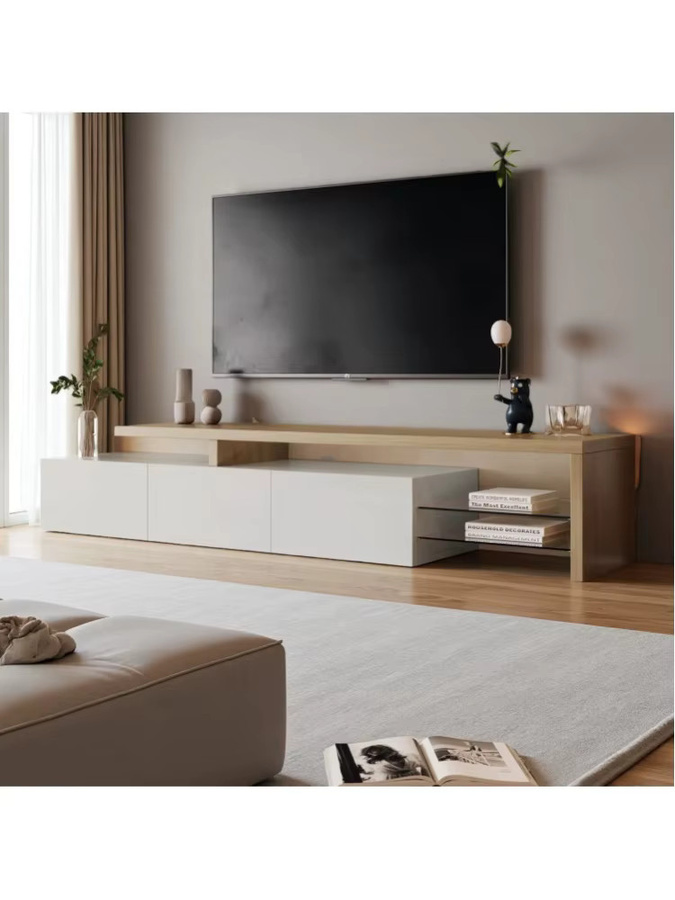 Rosahqnda Moderner TV-Schrank in Weiß Hochglanz mit LED-Beleuchtung, 2 Glasabtrennungen und 3 Schubladen - Bild 4