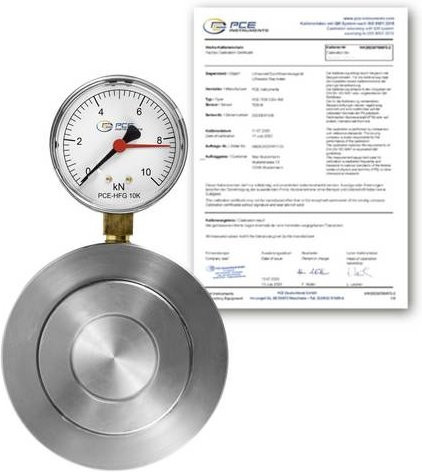 PCE Instruments PCE-HFG 10K-ICA Hydr. Kraftaufnehmer aus Stahl in Silber inklusive ISO-Zertifikat mit Ringkraftaufnehmer und Druckstempel - Bild 1
