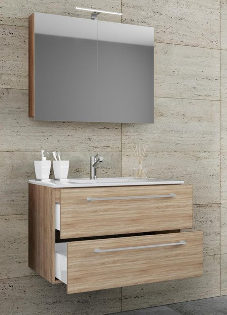 VCM 3-tlg. Badmöbel Set Badinos in Eiche, bestehend aus Waschbecken, Unterschrank mit zwei Schubladen und Spiegelschrank, Wandmontage, B/T/H: 80 x 46 x 50 cm - Bild 1