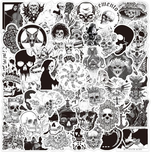 50 Stück Retro Totenkopf Vinyl Aufkleber in Schwarz und Weiß von Binchi Outdoor Product für Auto, Motorrad, Helm und Koffer - Bild 1