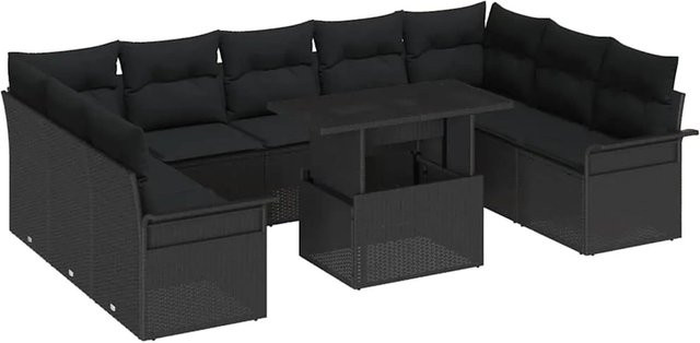 vidaXL Garten-Sofa-Set aus Polyrattan in Schwarz mit Kissen, 10-teiliges Lounge-Set in U-Form - Bild 1