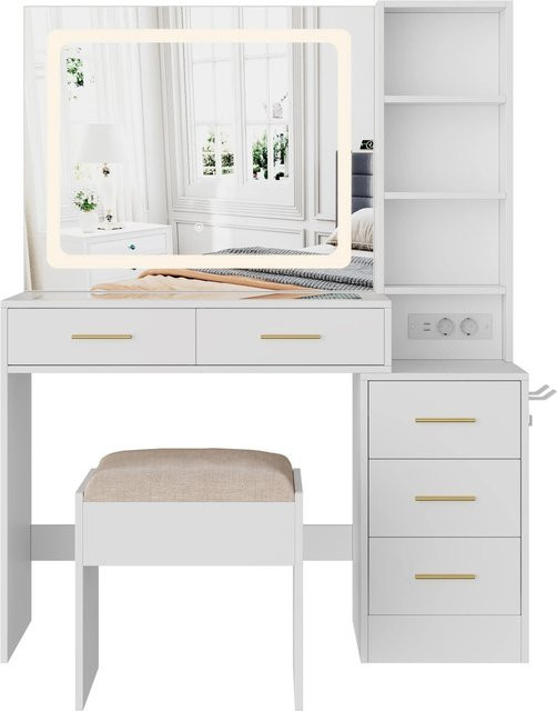 PXloue Schminktisch Weiß mit LED Spiegel, USB-Anschluss und Hocker aus Holz und Glas - Bild 1