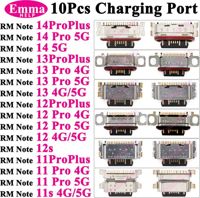 10 Stück USB-C Ladeanschluss Steckverbinder für Xiaomi Redmi Note 11 12 13 Pro Plus 12s 11s 14Pro 4G 5G 12Pro in Silber - Bild 1