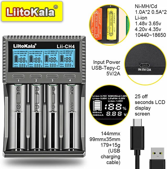 LiitoKala Lii-CH4 Smart-Ladegerät für Li-Ion 18650, Ni-MH AA/AAA und LiFePO4 mit LED-Anzeige - Bild 1