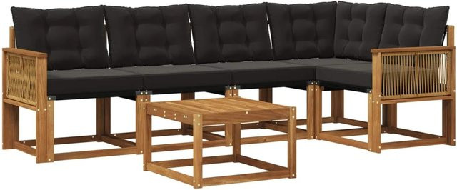 vidaXL Outdoor-Sofagarnitur L-Form aus Akazienholz mit Textilene und 6 Kissen in Natur und Schwarz - Bild 1