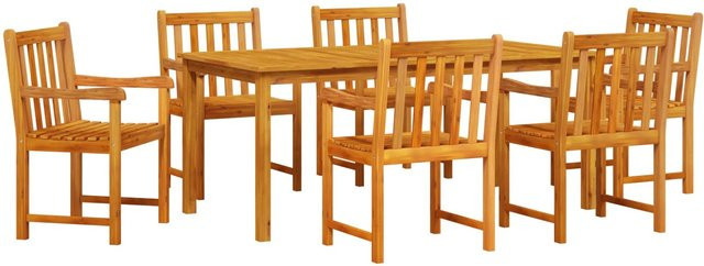 vidaXL 7-tlg Garten-Essgruppe aus Massivholz Akazie in Braun, rustikaler Esstisch mit 6 Stühlen für Garten und Terrasse, B/T/H: 210 x 180 x 90 cm - Bild 1