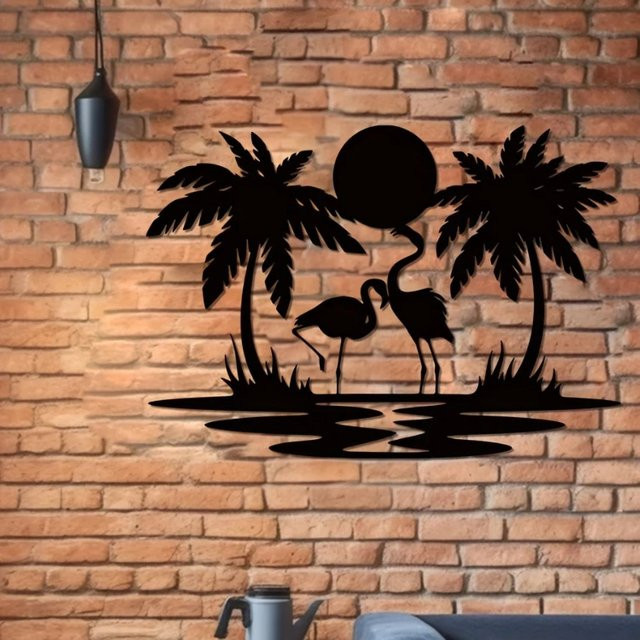 Hello young Wanddekoration aus Metall mit Flamingo, Palme und Sonnenuntergang in Schwarz - Bild 1