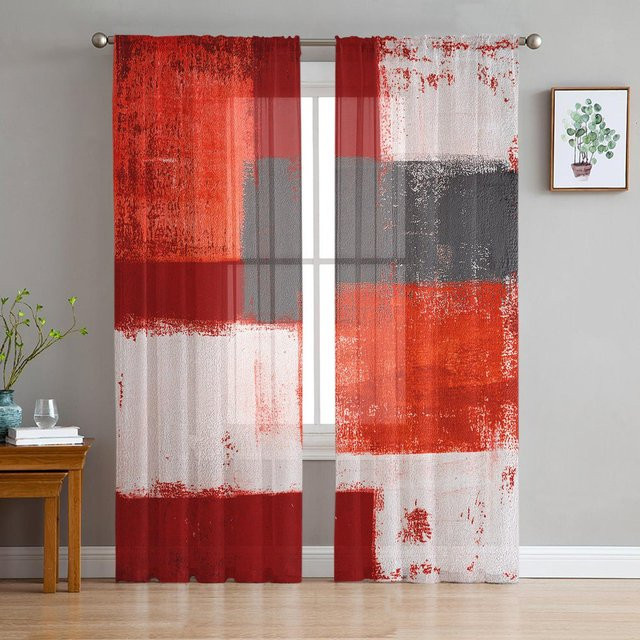 Transparenter Tüll-Vorhang mit abstraktem geometrischem Ölgemälde-Design in Rot, Breite: 135 cm, Höhe: 115 cm - Bild 1