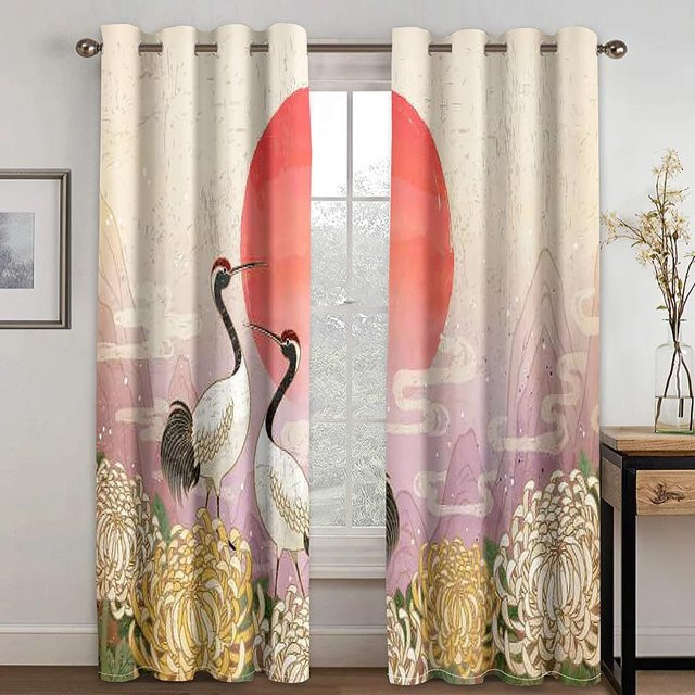 Yiran Furniture Verdunkelungsvorhang Japanisches Design mit Kran, Sonne, Welle und Berg, 2er-Set, Mehrfarbig, B: 55 cm, H: 120 cm - Bild 1
