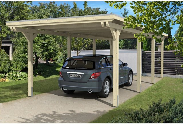 Skan Holz Carport Emsland Flachdach aus Fichten-Leimholz mit Aluminium-Dachplatten, Farbe: beige, B/T: 354 x 846 cm, Höhe: 238 cm - Bild 1