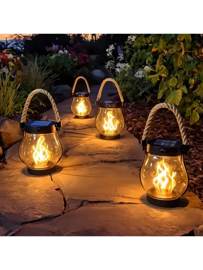 Solar-Flammenlaterne mit LED-Feuereffekt in Schwarz, Wasserdichte rustikale Seillampe mit warmweißem Licht für Garten, Terrasse und Camping - Bild 1