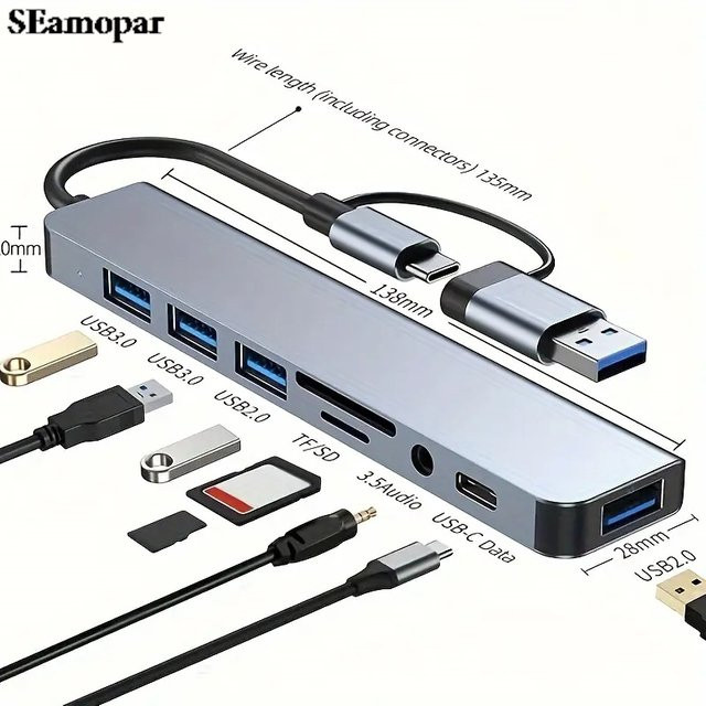 8-in-1 USB Expander Hub mit 2 USB 3.0, 2 USB 2.0, 1 USB-C und TF/SD-Kartenslot für Laptop, PC und MacBook - Bild 1
