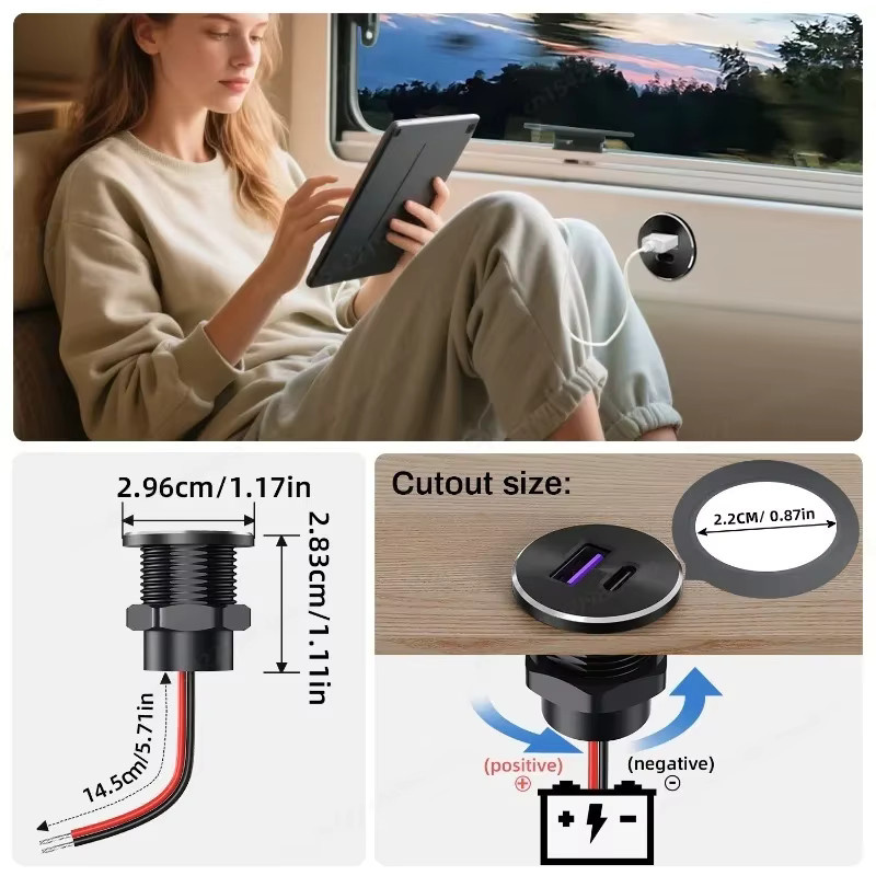 Aluminium USB Steckdose für Wohnmobile mit PD3.0 Typ-C und QC3.0 Schnellladefunktion, 12V/24V 36W, Farbe: Silber - Bild 4