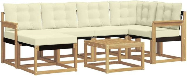 vidaXL Outdoor-Sofagarnitur 7-teilig aus Akazienholz in Weiß und Beige mit Kissen und Couchtisch - Bild 1