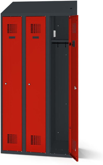 rotstahl Kleiderspind mit 3 Türen und Ladefunktion, Farbe Rot mit anthrazitgrauem Korpus, B: 120 cm, H: 200 cm - Bild 1