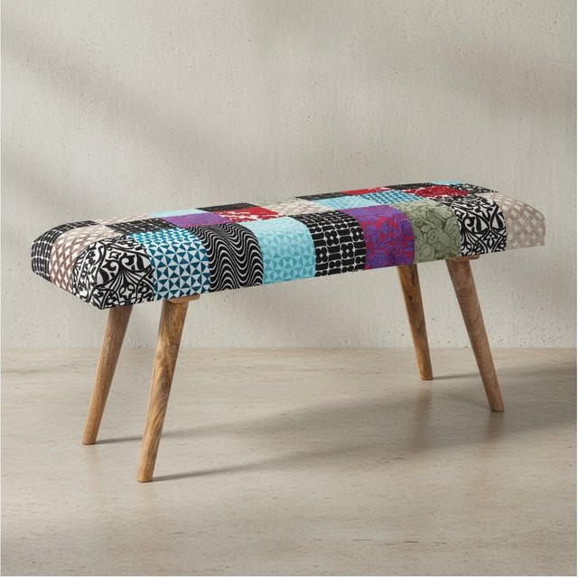 KADIMA DESIGN Sitzbank mit Patchwork-Design aus Samt und Massivholz in Multicolour, Beine aus Mangoholz - Bild 1