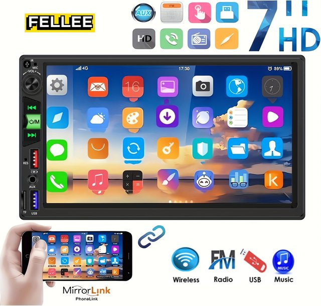 Bileeko 2 DIN Multimedia-Autoradio-Player mit 17,78 cm Bildschirmpanel, Stereoanlage mit FM, USB und AUX sowie Unterstützung für Rückfahrkamera, Schwarz - Bild 1