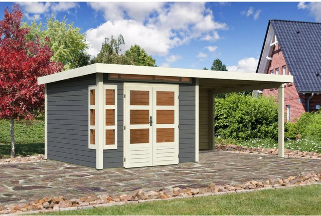 Karibu Holz-Gartenhaus Kastberg mit Flachdach in Terragrau, lackiert, B/T: 270 x 270 cm, H: 222 cm - Bild 1