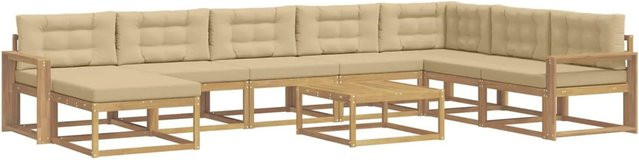 vidaXL Outdoor-Sofagarnitur aus massivem Akazienholz in L-Form, 9-teiliges Set in Weiß und Beige mit Polsterkissen - Bild 1