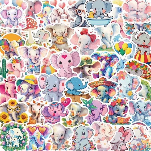 Cartoon Farbe Gekritzel Elefant Aufkleber, 50-teiliges Set, multicolour - Bild 1