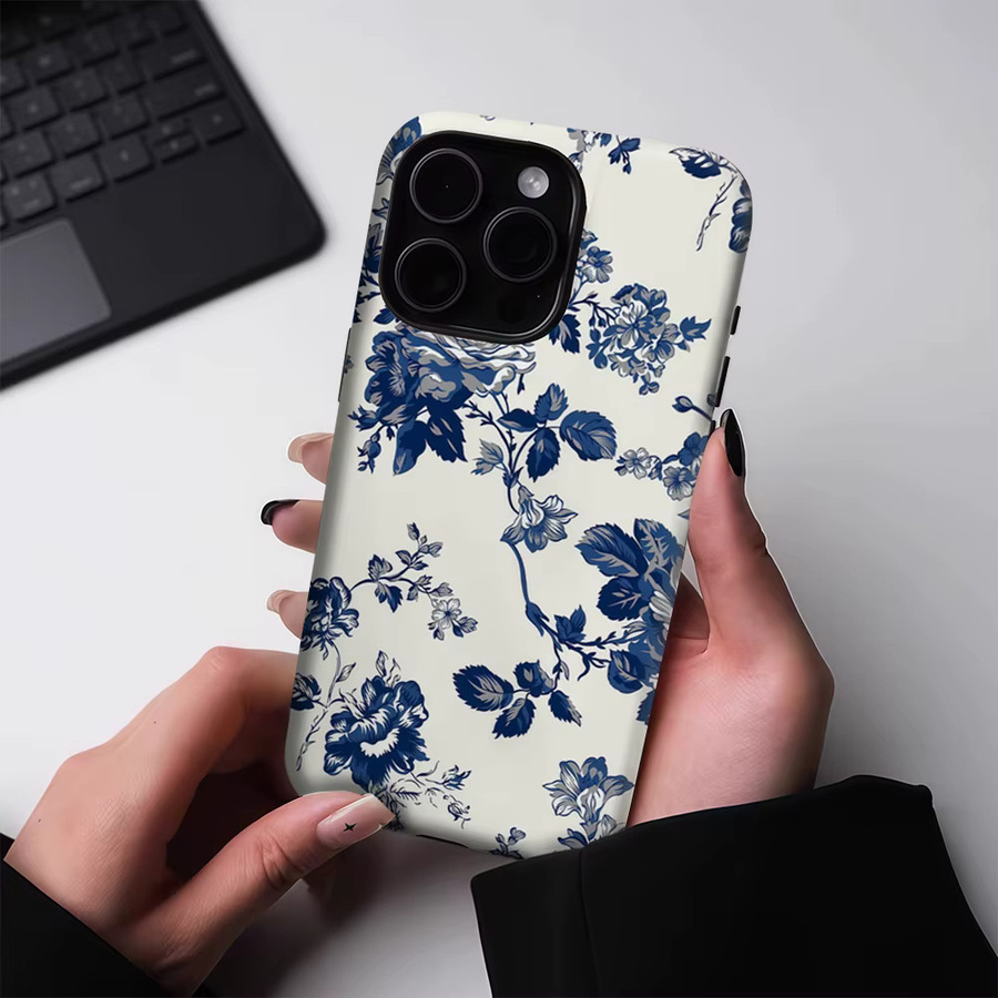Indigo Floral Magnetische Handyhülle für Apple iPhone 17 16 15 14 13 Pro Max Plus in Blau, robuste doppelschichtige Schutzhülle - Bild 3