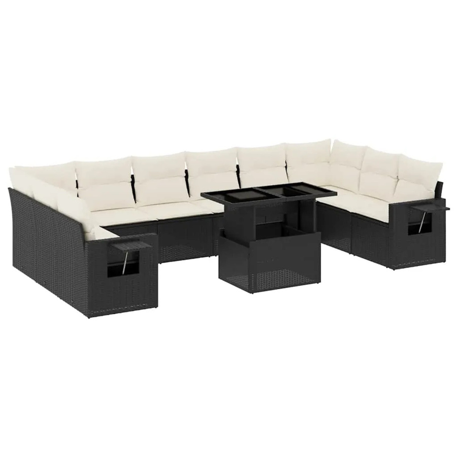vidaXL 11-teilige Garten-Sofagarnitur in L-Form aus Poly-Rattan mit Kissen in Schwarz-Creme - Bild 2