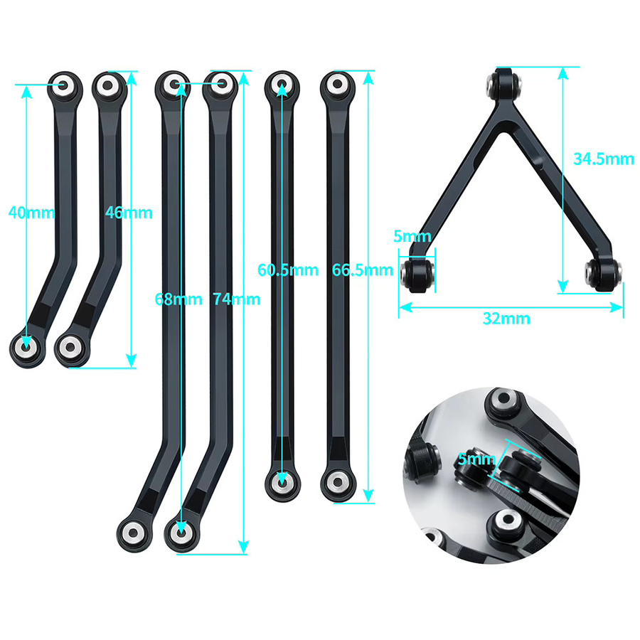 YEAHRUN CNC Aluminium High Clearance Chassis Links Linkage Set, 1:24, Metall, Schwarz - Bild 3