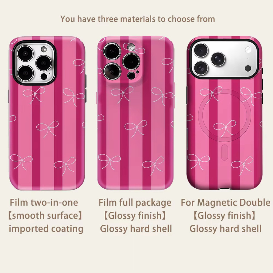 Potdemiel Handyhülle mit rosa Streifen und weißen Schleifen für iPhone 17 16 15 14 13 Pro Max Plus, robuste Magnetische Einzel- und Doppelschicht Hülle in Pink und Weiß - Bild 2