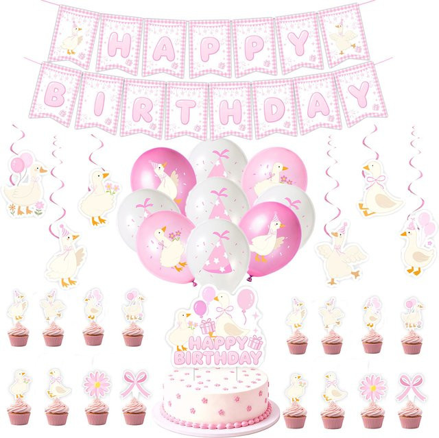 JIATA Partydeko Set Rosa Gans Bauernhof-Tier Thema mit Ballon, Banner und Kuchendekoration in Pink - Bild 1