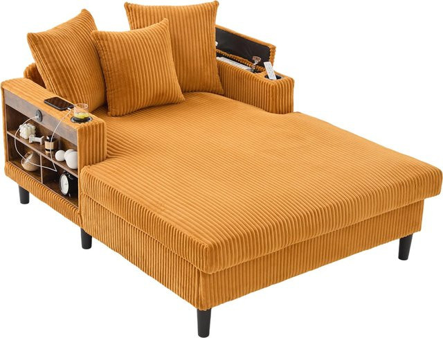 GOMYWAY Home Multifunktionale Cord-Chaiselongue in Gelb mit beidseitigen Getränkehaltern und klappbarer Armlehne, B/T/H: 129 x 170 x 70 cm - Bild 1