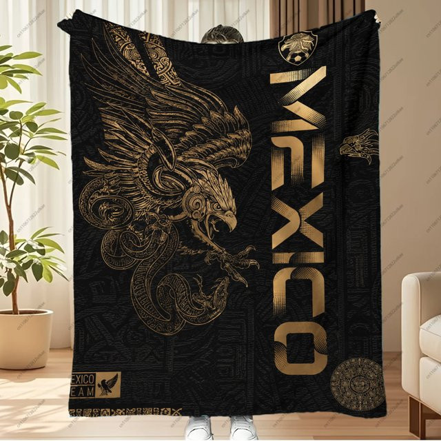Mexikanische Azteken-Adler-Schlangen-Wurfdecke in Schwarz-Gold mit ethnischem Ornament-Design - Bild 1