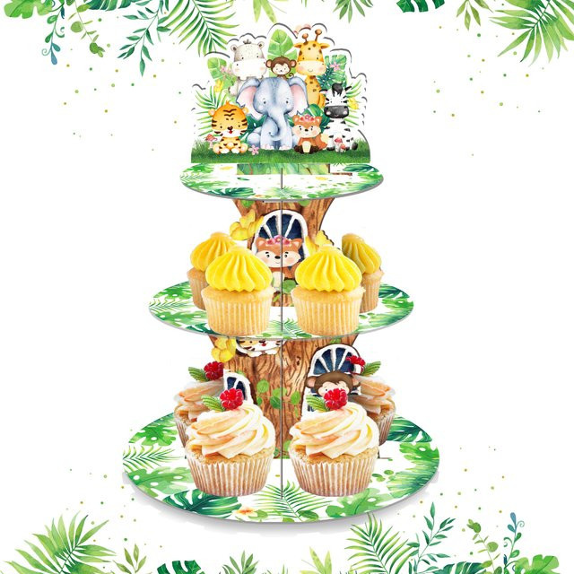3-stöckiges Kuchendisplay mit Cartoon Dschungel Safari Wildtier Motiv für Geburtstag und Baby Shower, bunt, rund - Bild 1