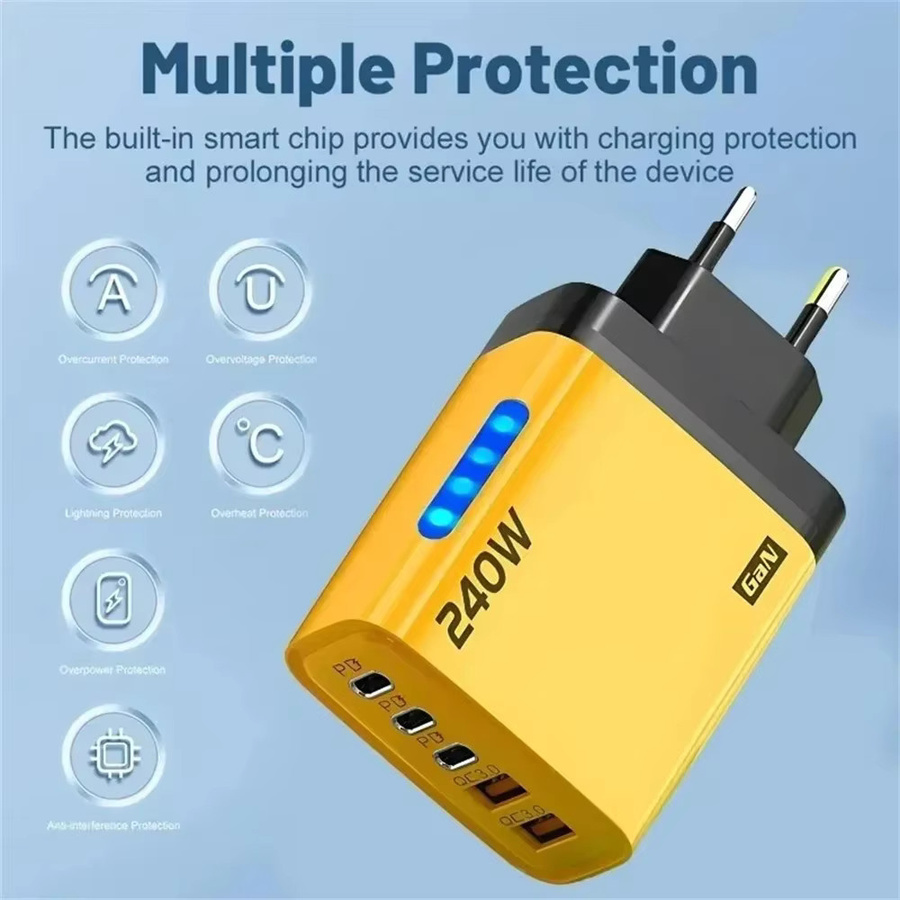 USB PD Schnellladegerät mit 5 Ports und 240 W Leistung, Typ C USB Schnellladeadapter in Gelb für iPhone 16, Samsung, Xiaomi und Huawei - Bild 4