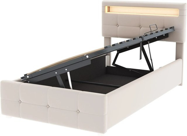 Merax Kinderbett mit LED-Unterbettbeleuchtung und Hydraulik-Stauraum in Beige aus Samt, B/T/H: 90 x 200 x 203 cm - Bild 1