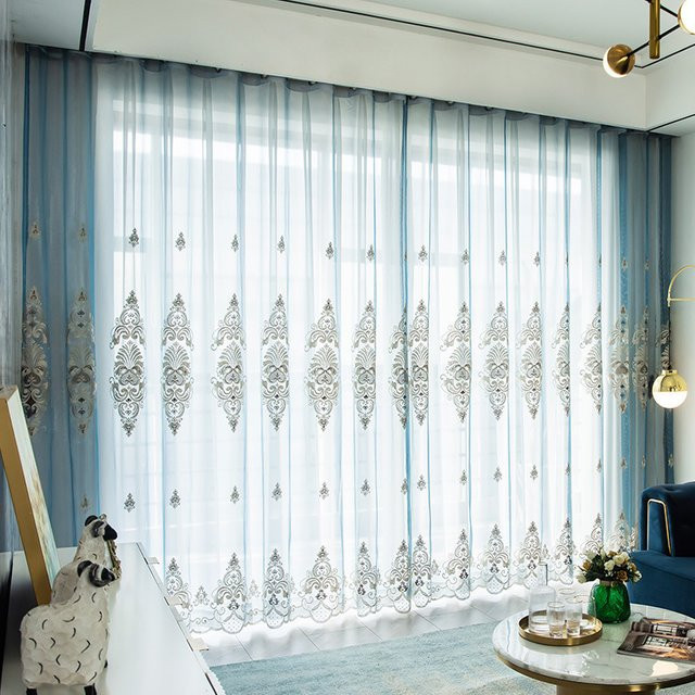 CENTURyMiG Luxuriöser bestickter Fenstervorhang mit floralem Muster in Blau, transparent, B: 100 cm, H: 200 cm - Bild 1