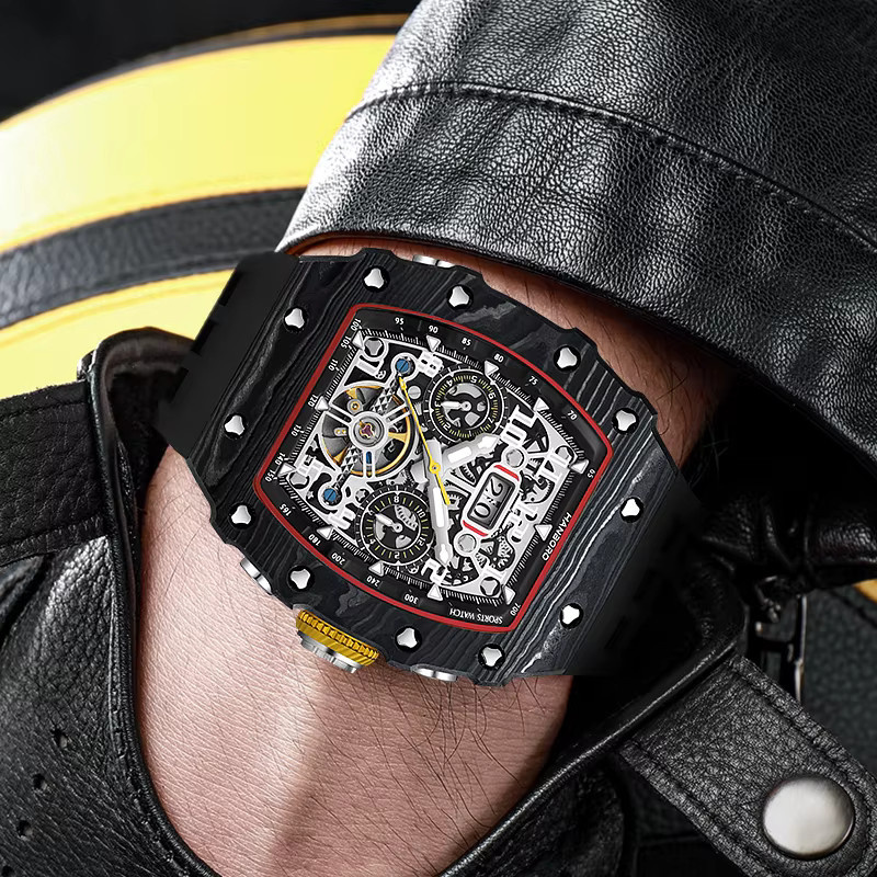 HANBORO Automatikuhr, Herren, Skelett-Uhr, Schwarz, 50 ATM - Bild 3