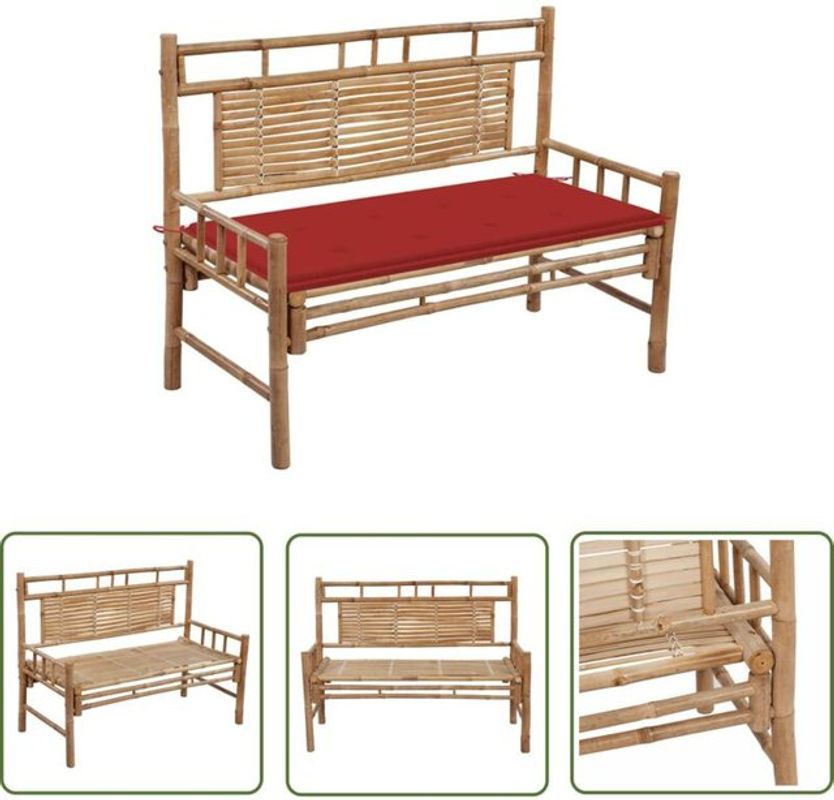 The Living Store Gartenbank aus Bambus mit roter Auflage aus Polyester, Breite: 120 cm - Bild 1