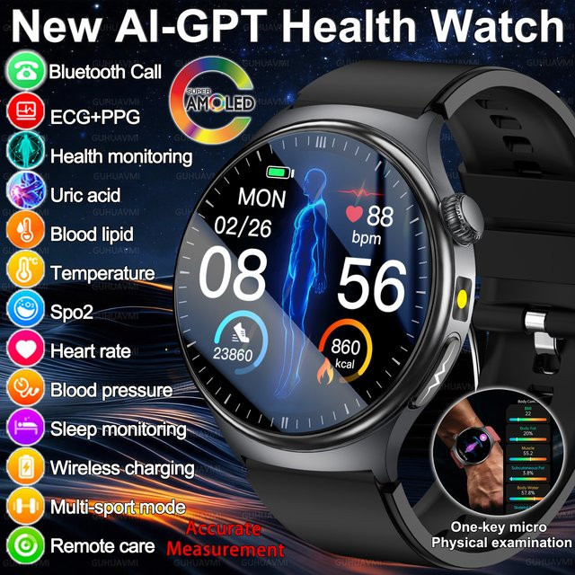 GUHUAVMI Smartwatch mit HD AMOLED-Bildschirm und Anruffunktion, Messung von EKG, Blutsauerstoff und Blutdruck, Unisex, Blau oder Schwarz - Bild 1