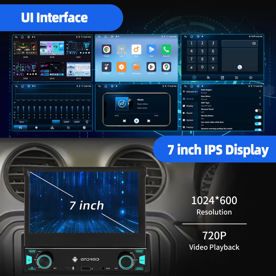 MOPECT 1-DIN Autoradio mit 7 Zoll ausklappbarem Android 15 Touchscreen, 6+128 GB, 4G, Wireless Carplay, GPS, Bluetooth, FM+DAB & AHD, Schwarz - Bild 3