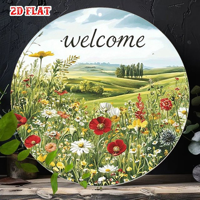 Potdemiel Rundes Metall-Wandkunstschild mit Blumenwiese und Willkommensgruß im Vintage-Design, Mehrfarbig, Durchmesser: 19,81 cm - Bild 1