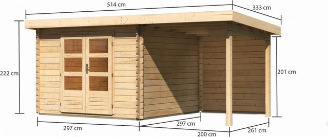 Gartenhaus Holz BASTRUP 5 in Naturbelassen mit Anbaudach und Rückwand, B/T: 297 x 297 cm, 28 mm Blockbohlen - Bild 1